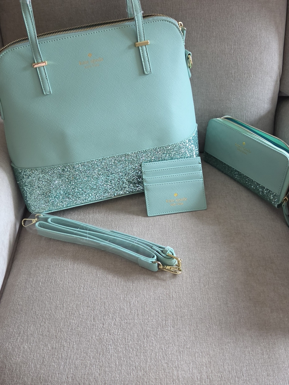 kate spade Mint Glitter Dome Satchel Set with Cardholder & Wristlet and Wallet